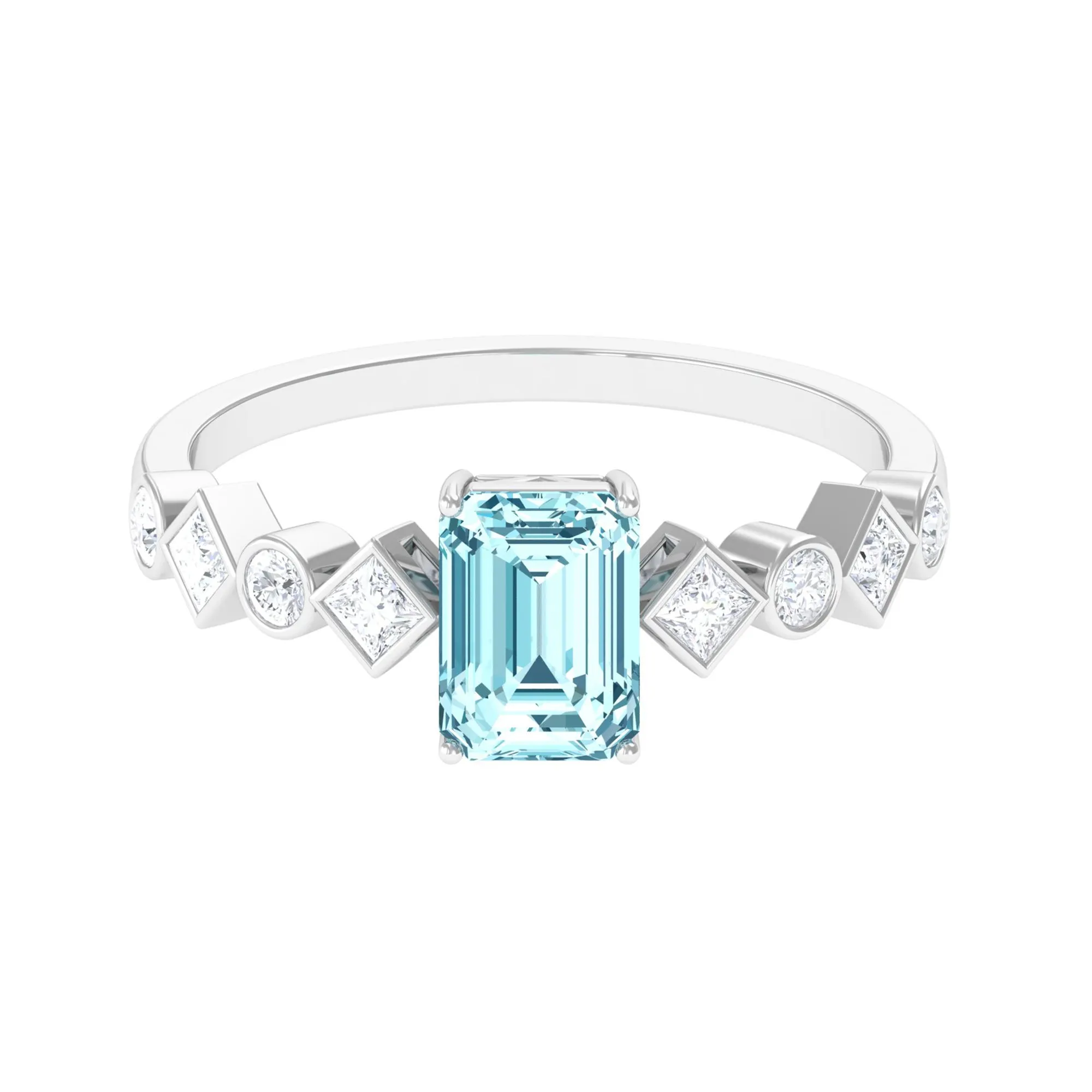 Emerald Cut Aquamarine Engagement Ring with Diamond Side Stones