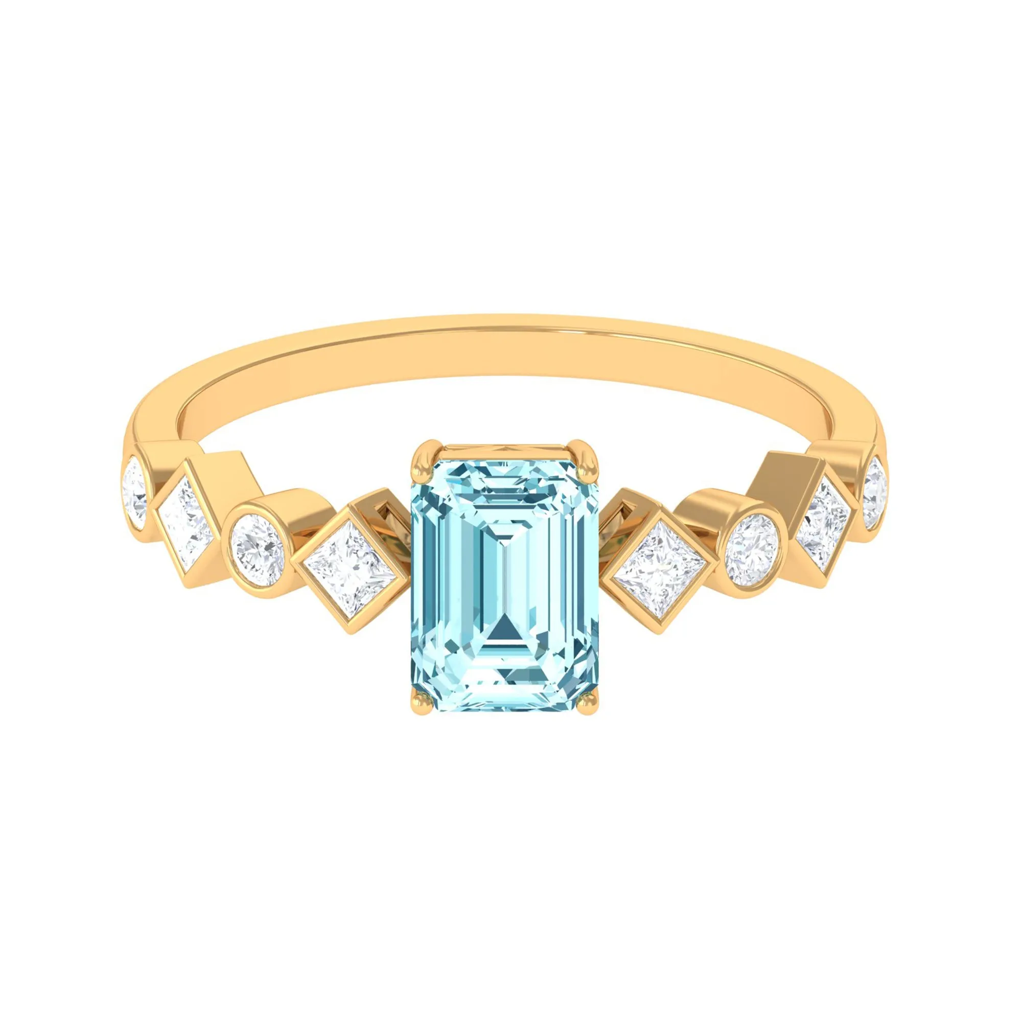 Emerald Cut Aquamarine Engagement Ring with Diamond Side Stones