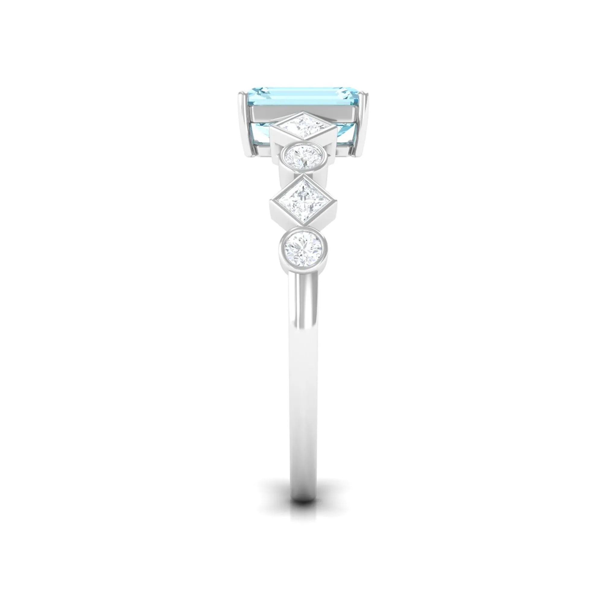 Emerald Cut Aquamarine Engagement Ring with Diamond Side Stones