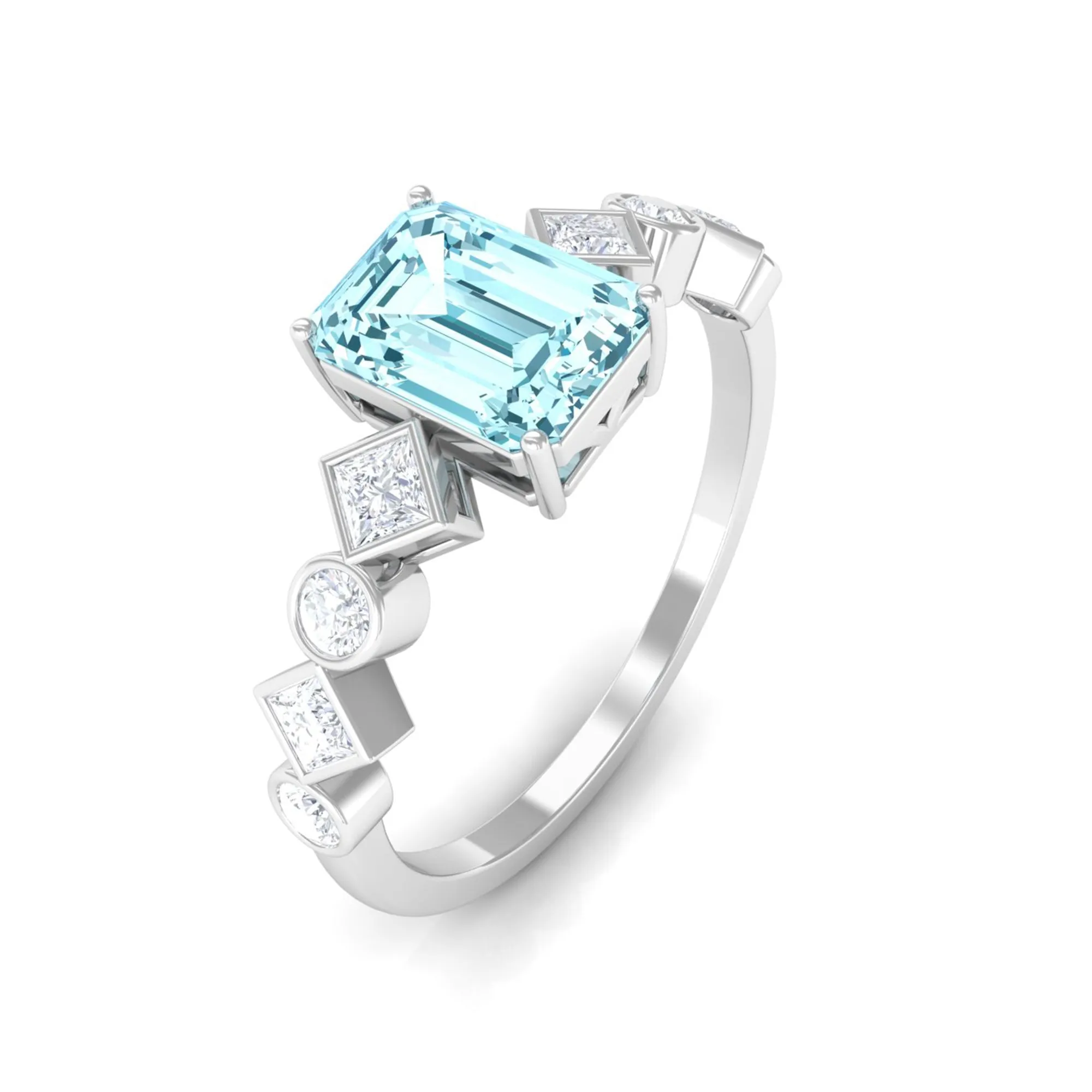 Emerald Cut Aquamarine Engagement Ring with Diamond Side Stones