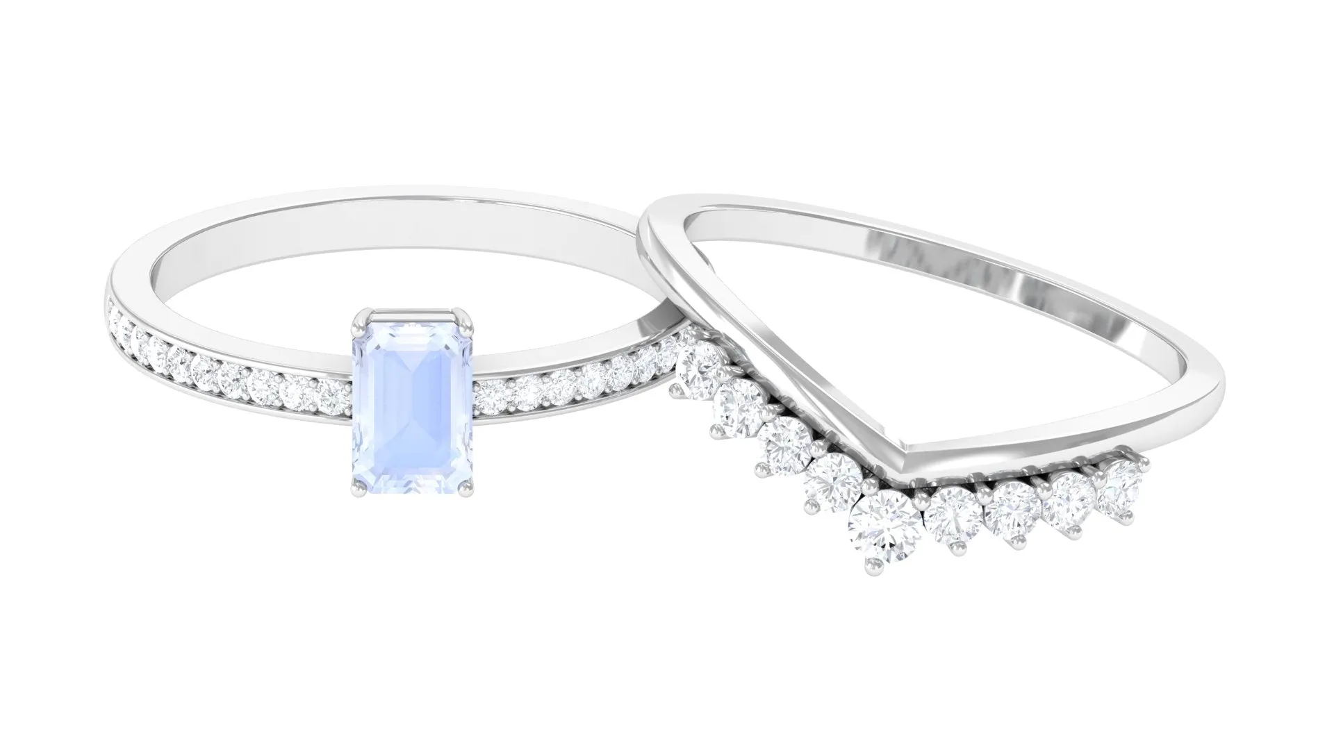 Emerald Cut Moonstone and Diamond Stackable Ring Set