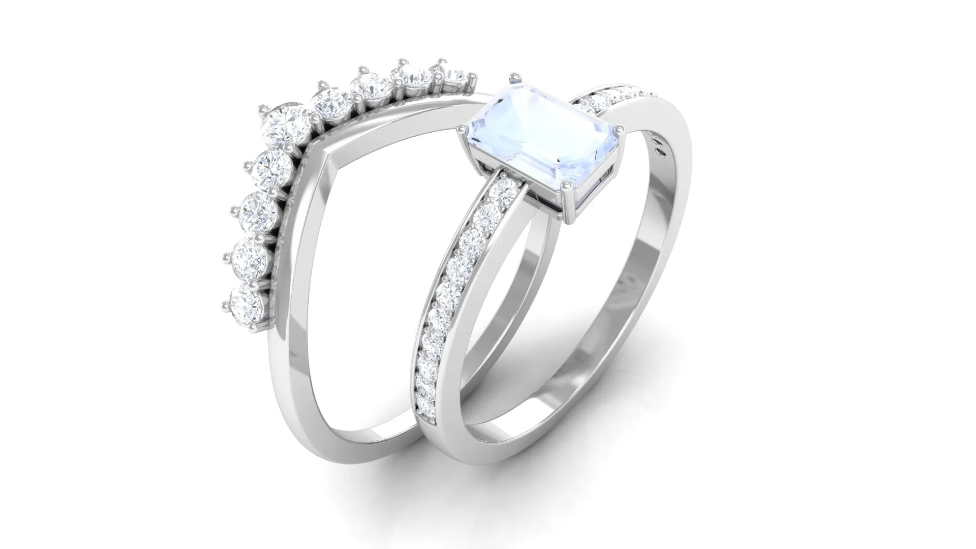 Emerald Cut Moonstone and Diamond Stackable Ring Set