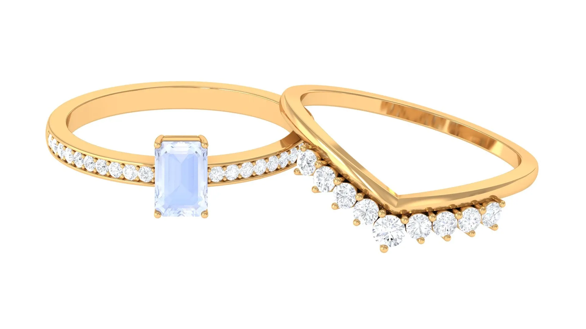 Emerald Cut Moonstone and Diamond Stackable Ring Set