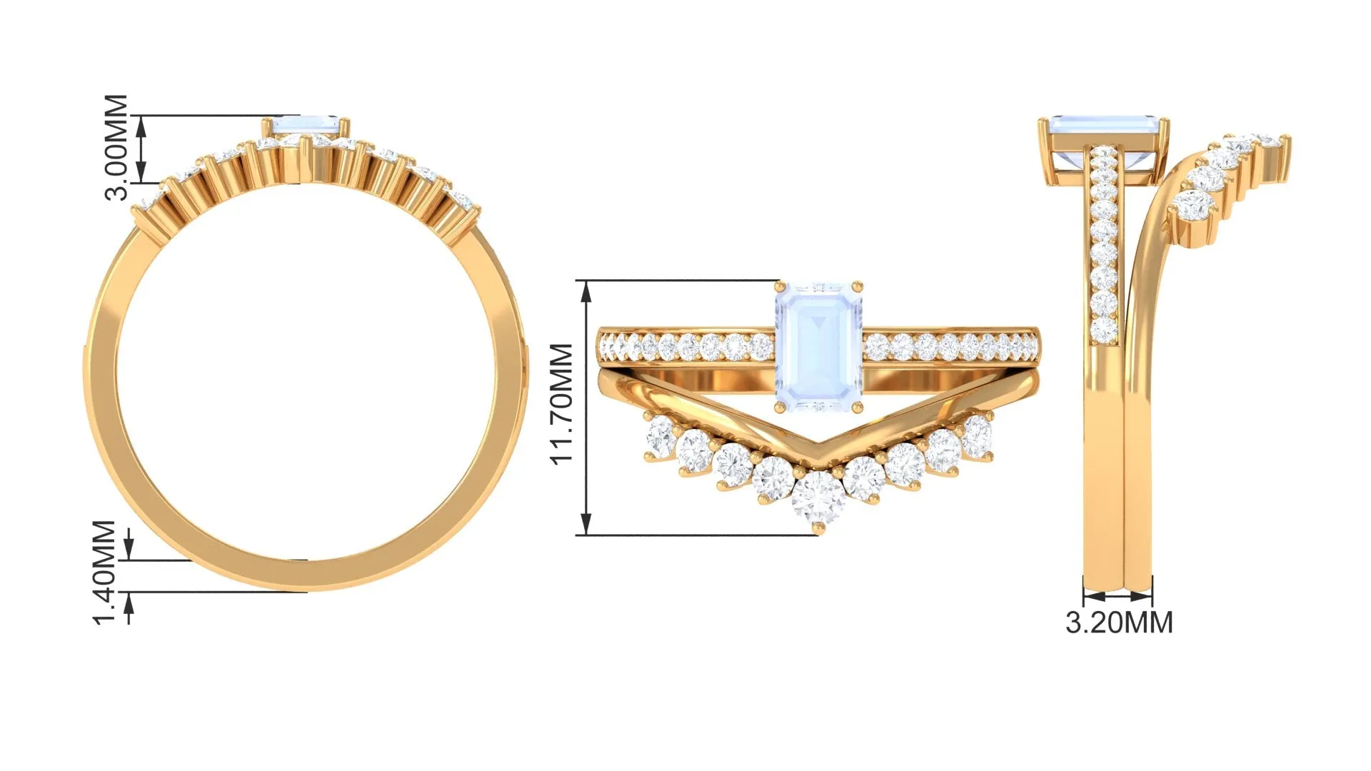 Emerald Cut Moonstone and Diamond Stackable Ring Set