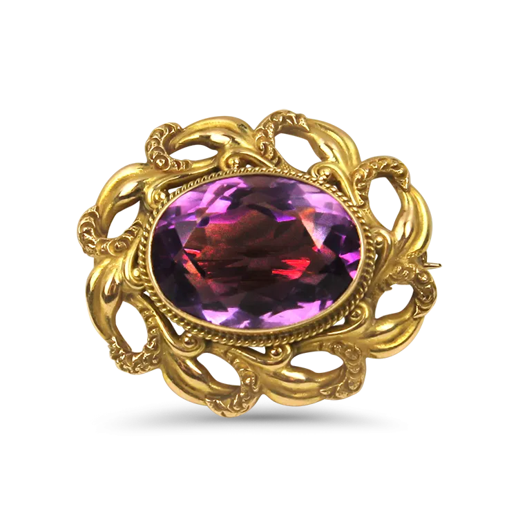 Estate 14k Yellow Gold Oval Shaped Amethyst Pin