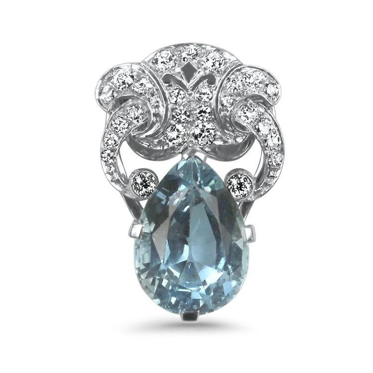 Estate Platinum Edwardian Aquamarine & Diamond Pendant / Lapel Clip