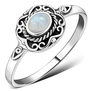 Ethnic Design Rainbow Moon Stone Silver Ring