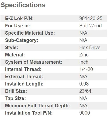 EZ-901420-25 E-Z Hex™ Threaded Insert for Soft Wood - Flanged - 1/4-20 x 25mm (Pack of 50)