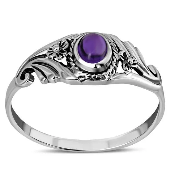 Flower Amethyst Stone Sterling Silver Ring