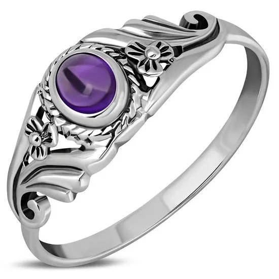 Flower Amethyst Stone Sterling Silver Ring