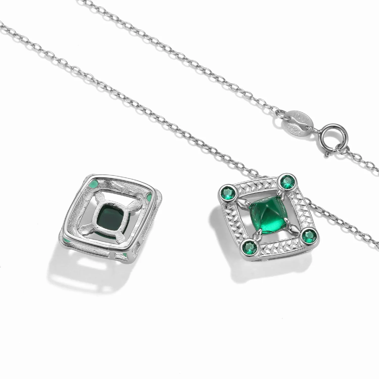 Geometry Square Green Nanometer Stone Rhombus Sterling Silver Necklace