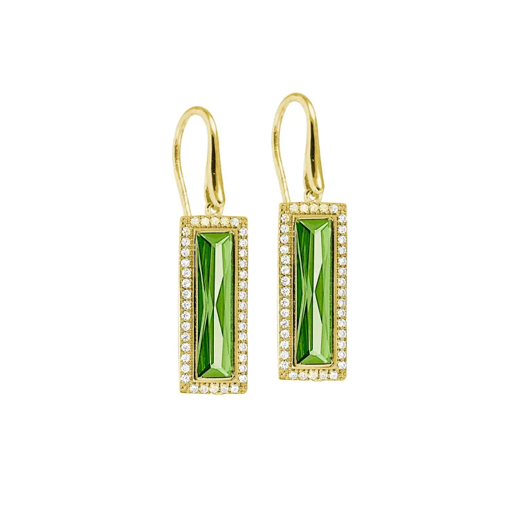 Gold Finish Sterling Silver Earrings with Rectangular Simulated Peridot Stones and Simulated Diamonds