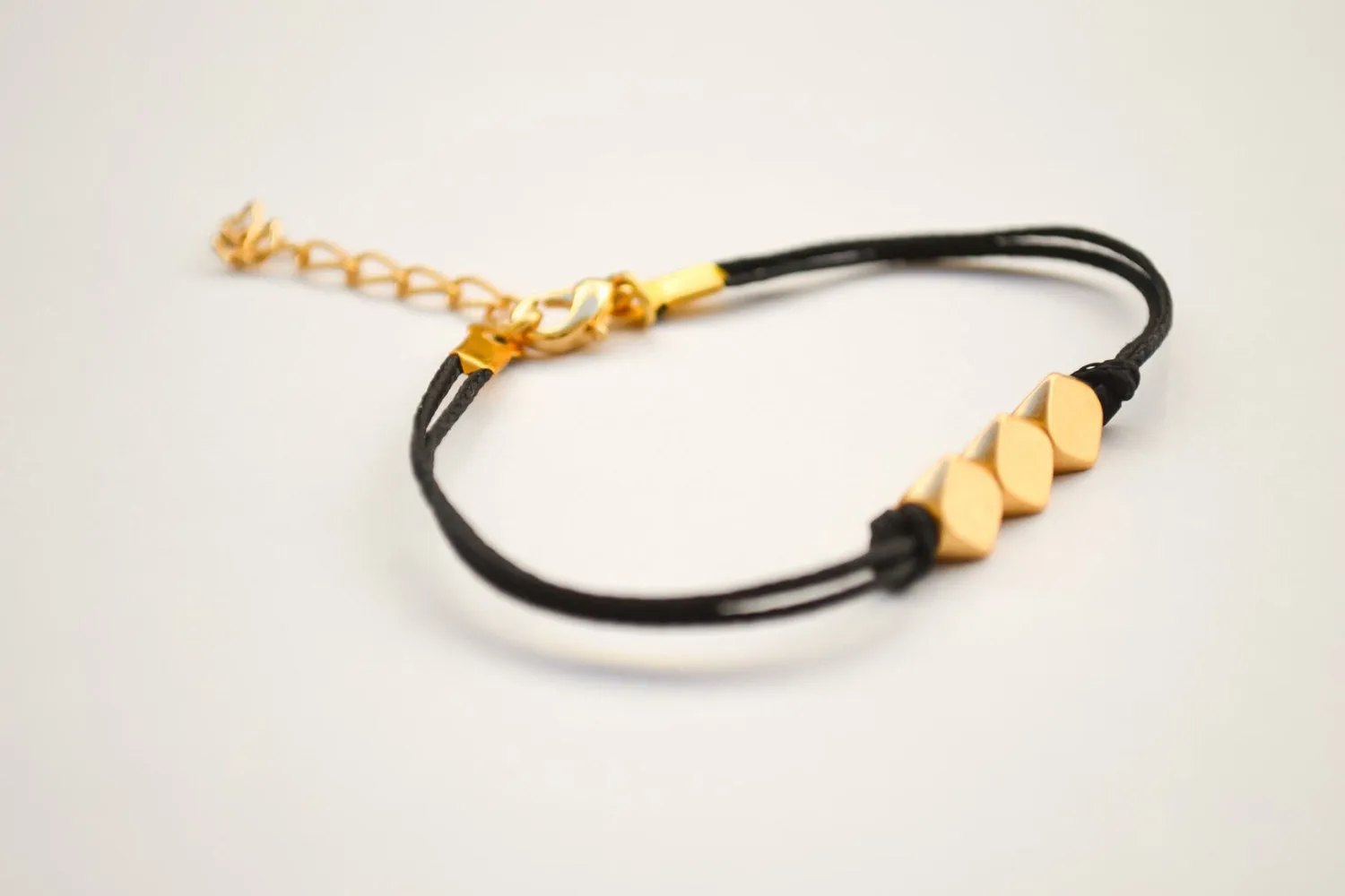 Gold nuggets beads bracelet. black cord, gift for her