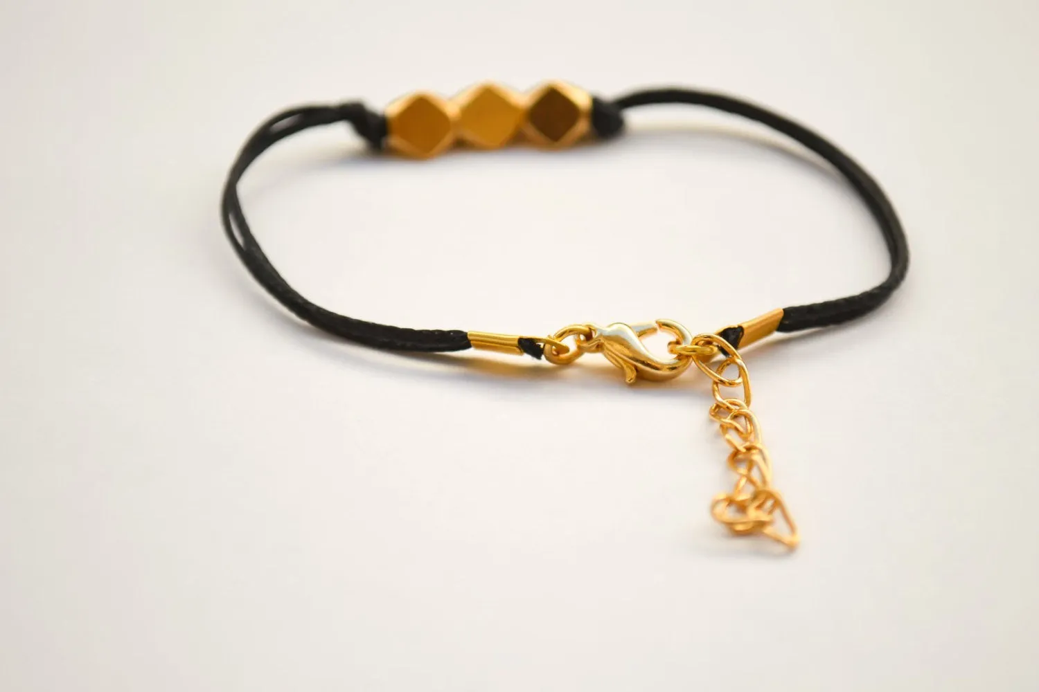 Gold nuggets beads bracelet. black cord, gift for her