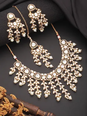 Gold Plated Zircon Stone Studded & Pearl Beaded Jewelry Set