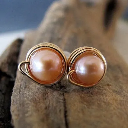 Gold Wrapped Freshwater Pearl Stud Earrings