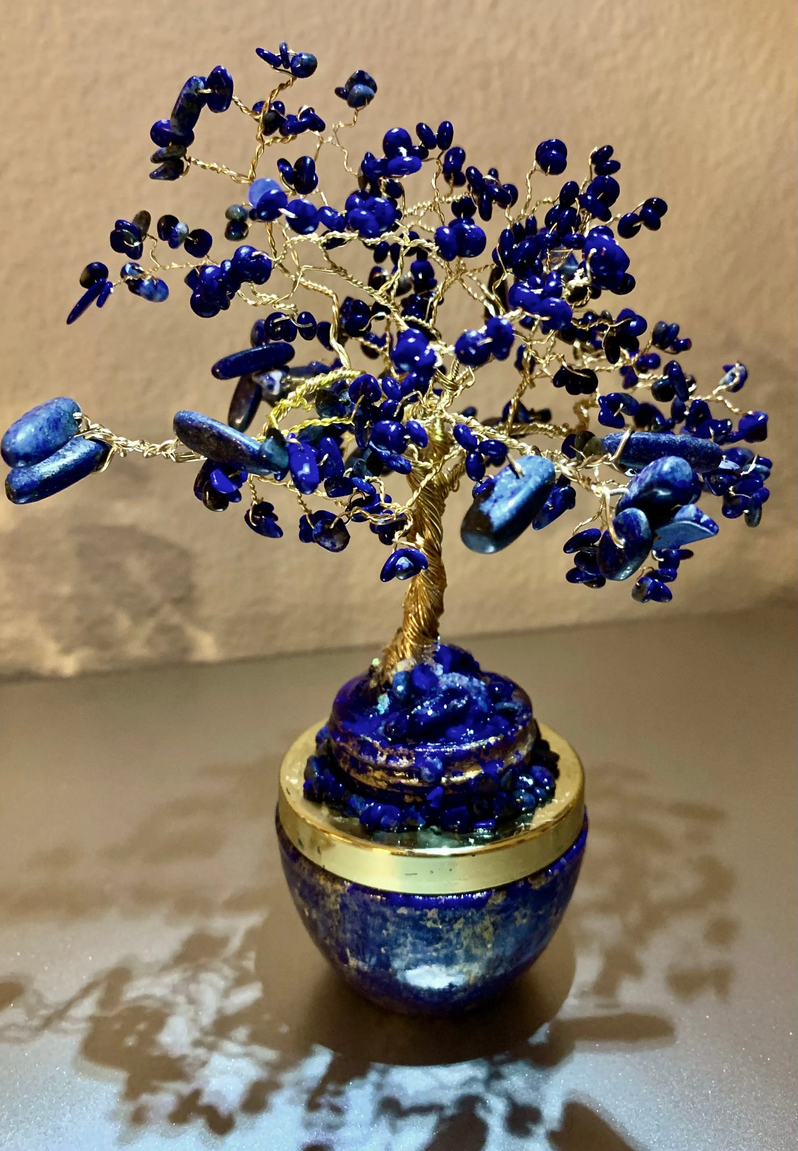 Handmade Lapis Lazuli and Sodalite 8" Gemstone Tree Sculpture in a Painted Glass Pot by Sharmaine Rayner