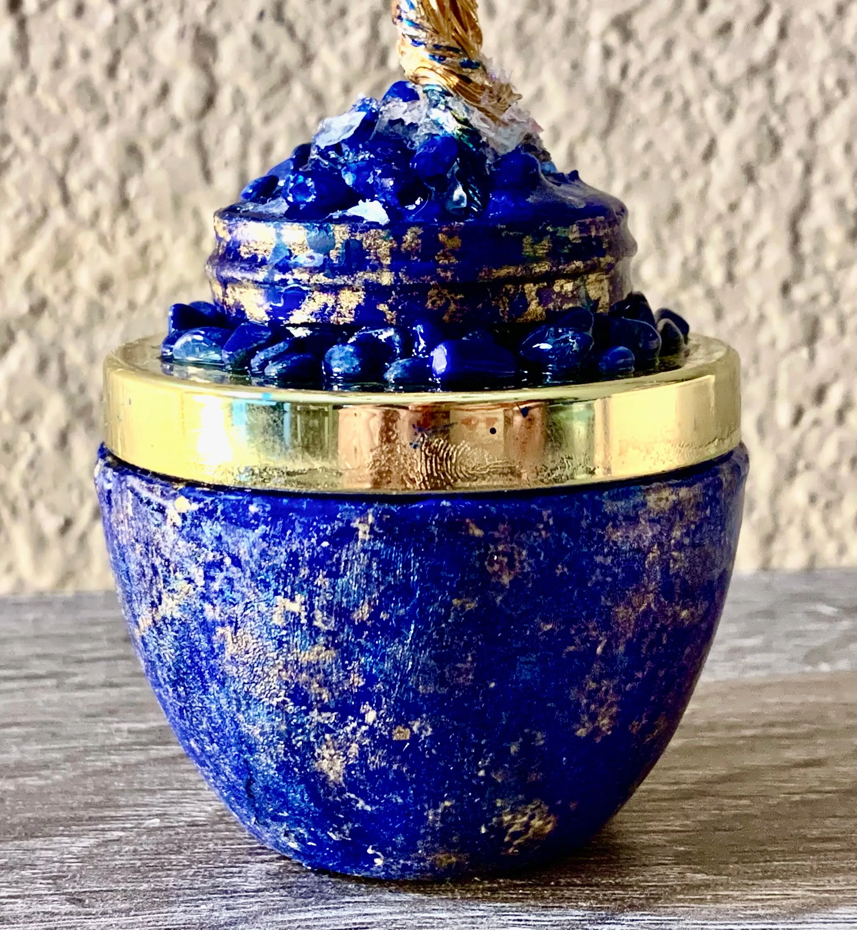 Handmade Lapis Lazuli and Sodalite 8" Gemstone Tree Sculpture in a Painted Glass Pot by Sharmaine Rayner