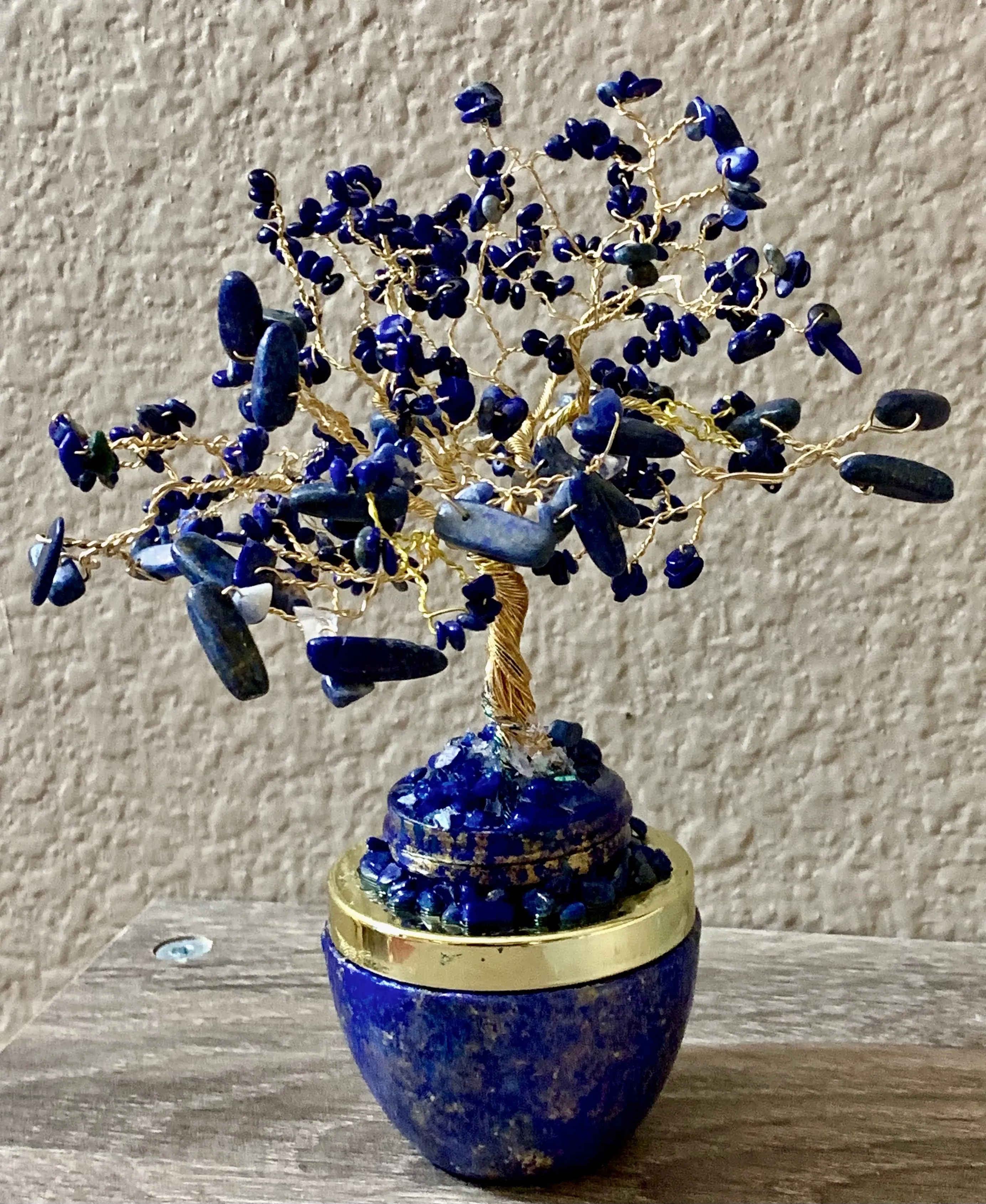 Handmade Lapis Lazuli and Sodalite 8" Gemstone Tree Sculpture in a Painted Glass Pot by Sharmaine Rayner