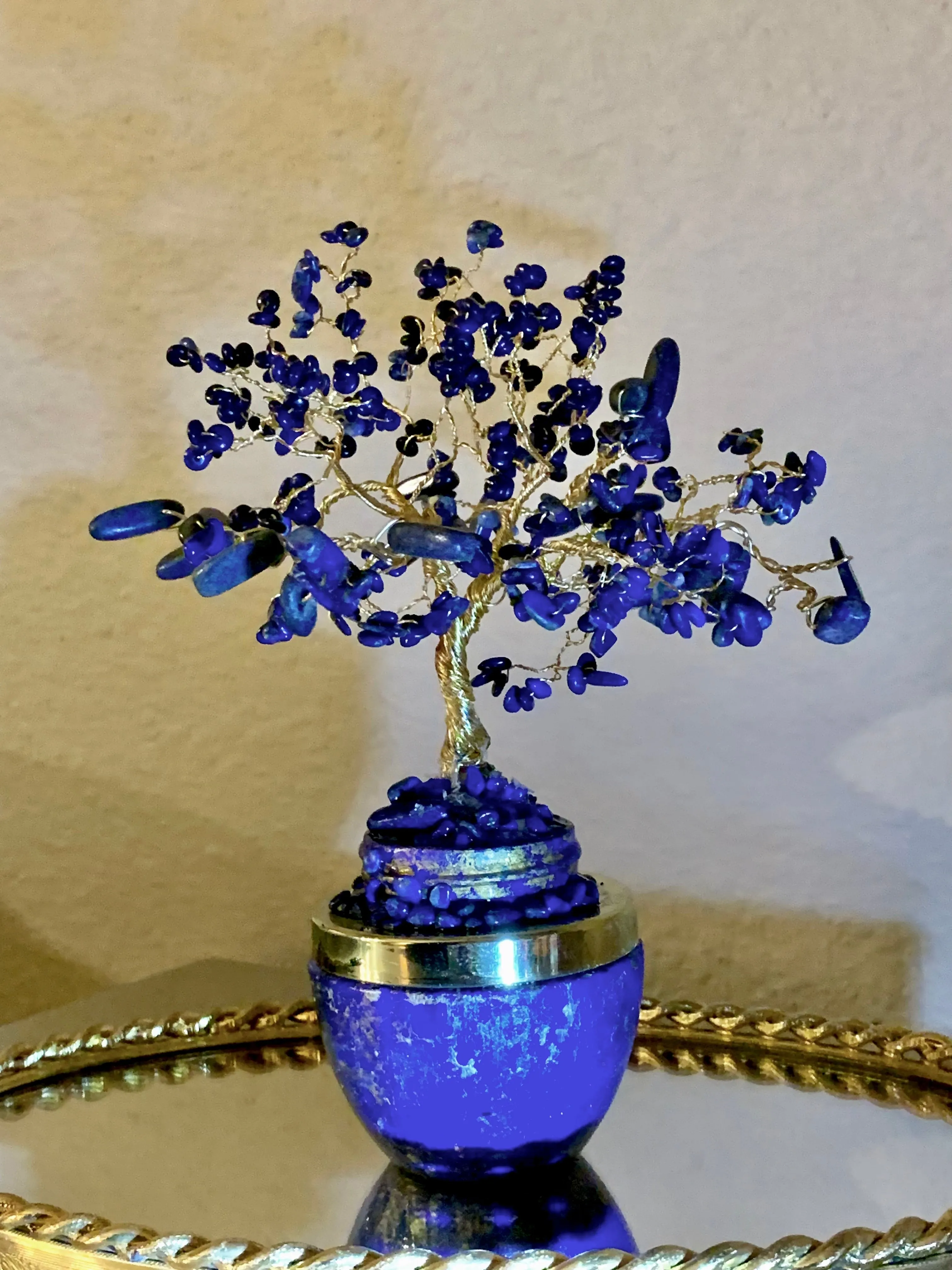 Handmade Lapis Lazuli and Sodalite 8" Gemstone Tree Sculpture in a Painted Glass Pot by Sharmaine Rayner