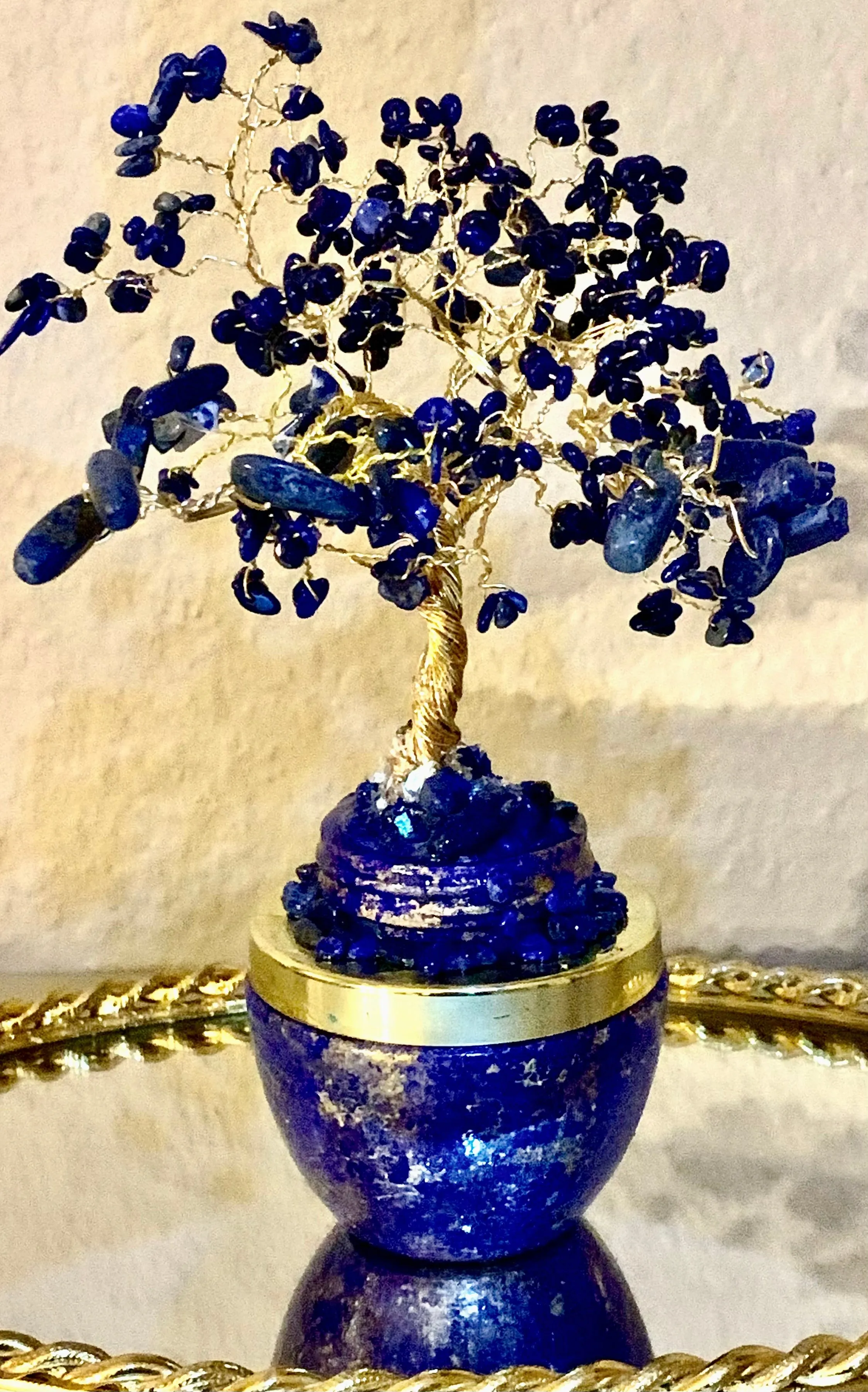 Handmade Lapis Lazuli and Sodalite 8" Gemstone Tree Sculpture in a Painted Glass Pot by Sharmaine Rayner