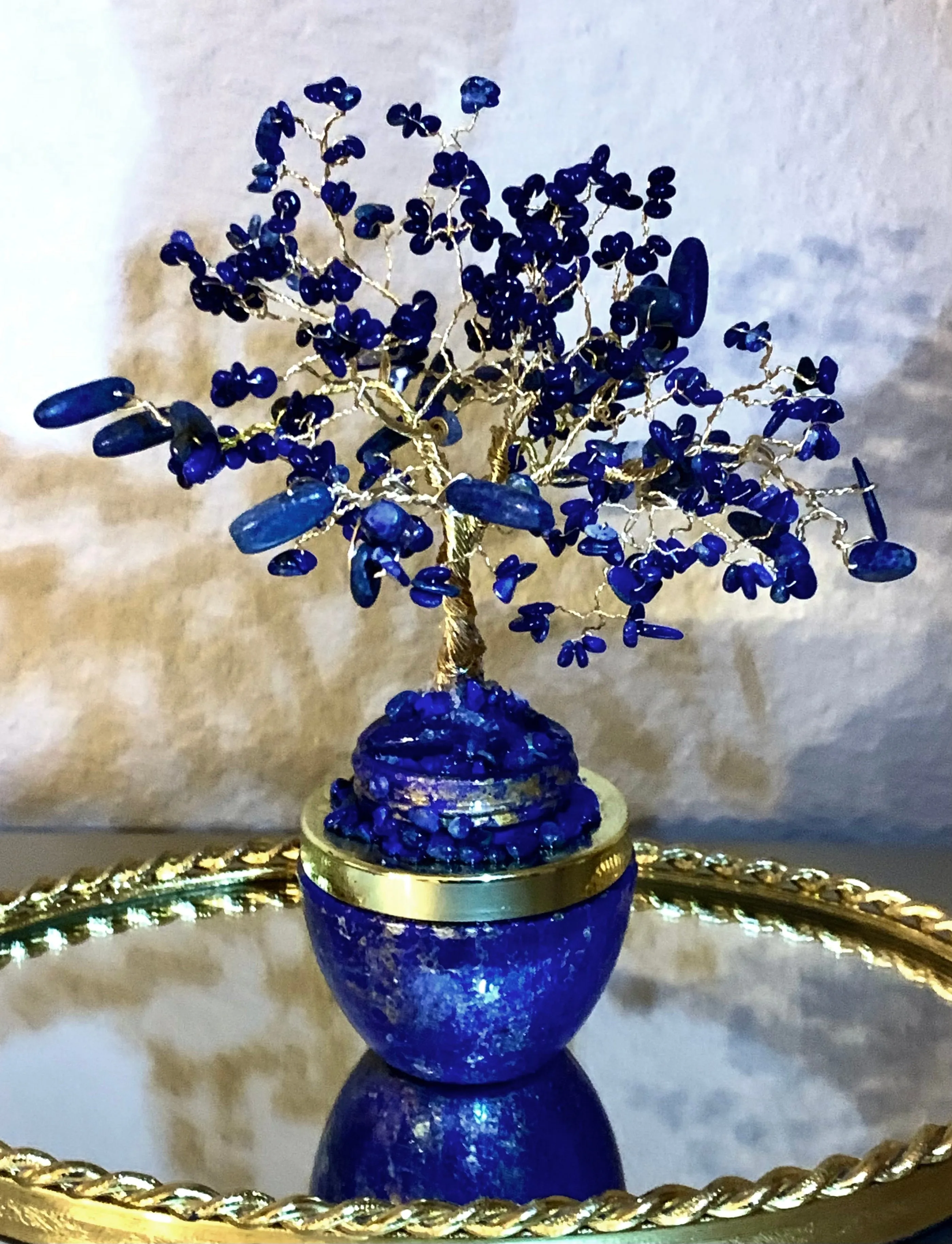 Handmade Lapis Lazuli and Sodalite 8" Gemstone Tree Sculpture in a Painted Glass Pot by Sharmaine Rayner