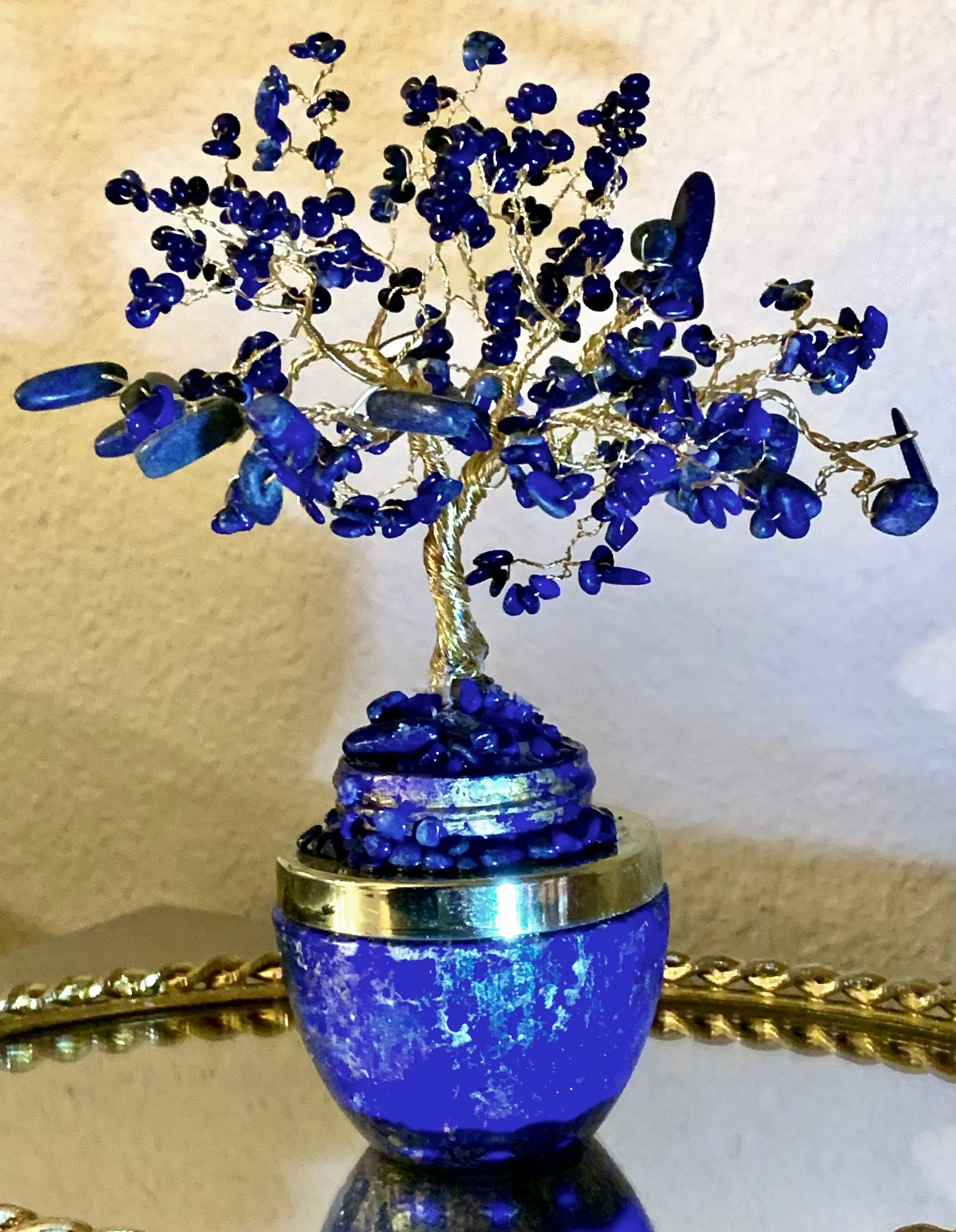 Handmade Lapis Lazuli and Sodalite 8" Gemstone Tree Sculpture in a Painted Glass Pot by Sharmaine Rayner