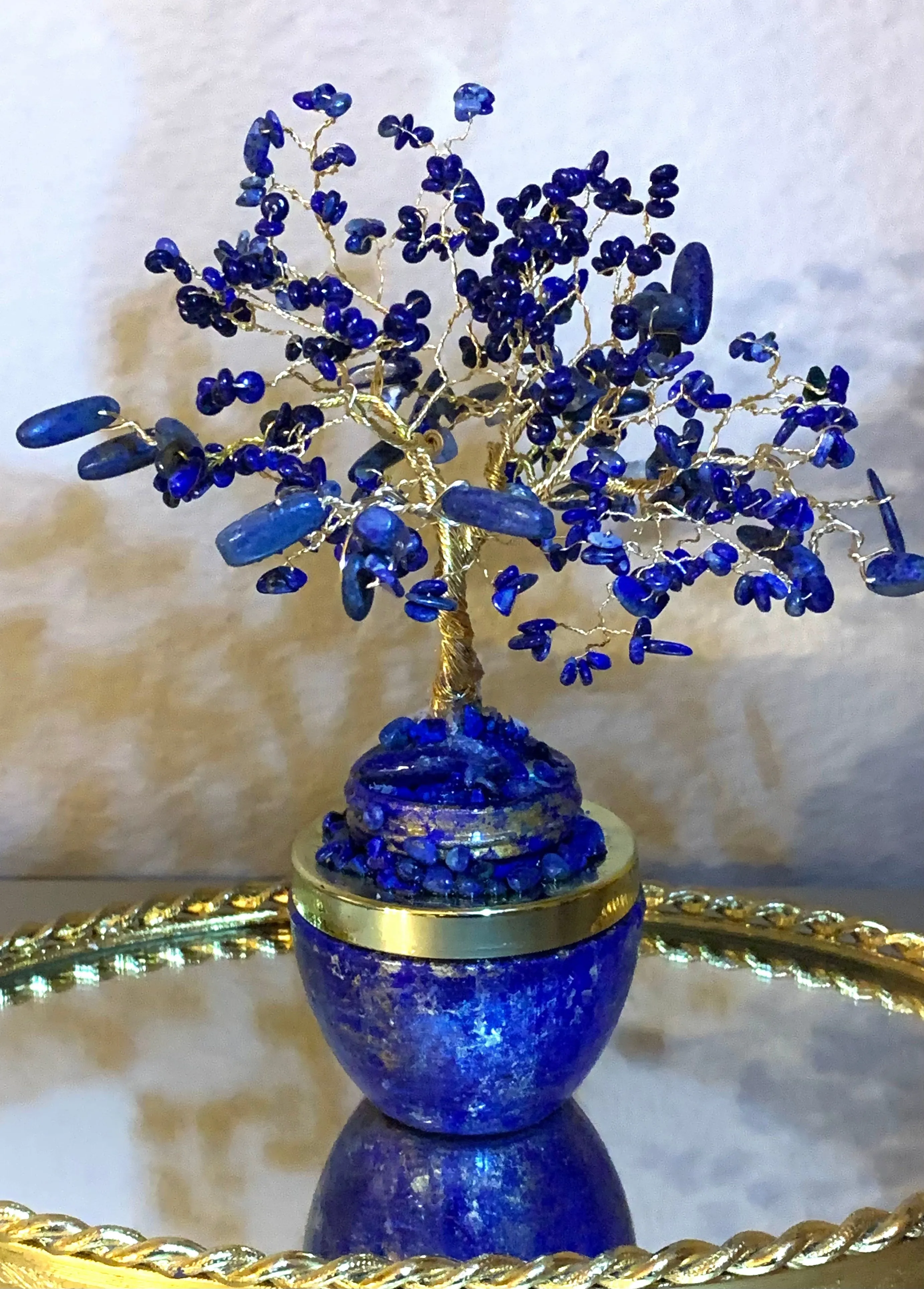 Handmade Lapis Lazuli and Sodalite 8" Gemstone Tree Sculpture in a Painted Glass Pot by Sharmaine Rayner