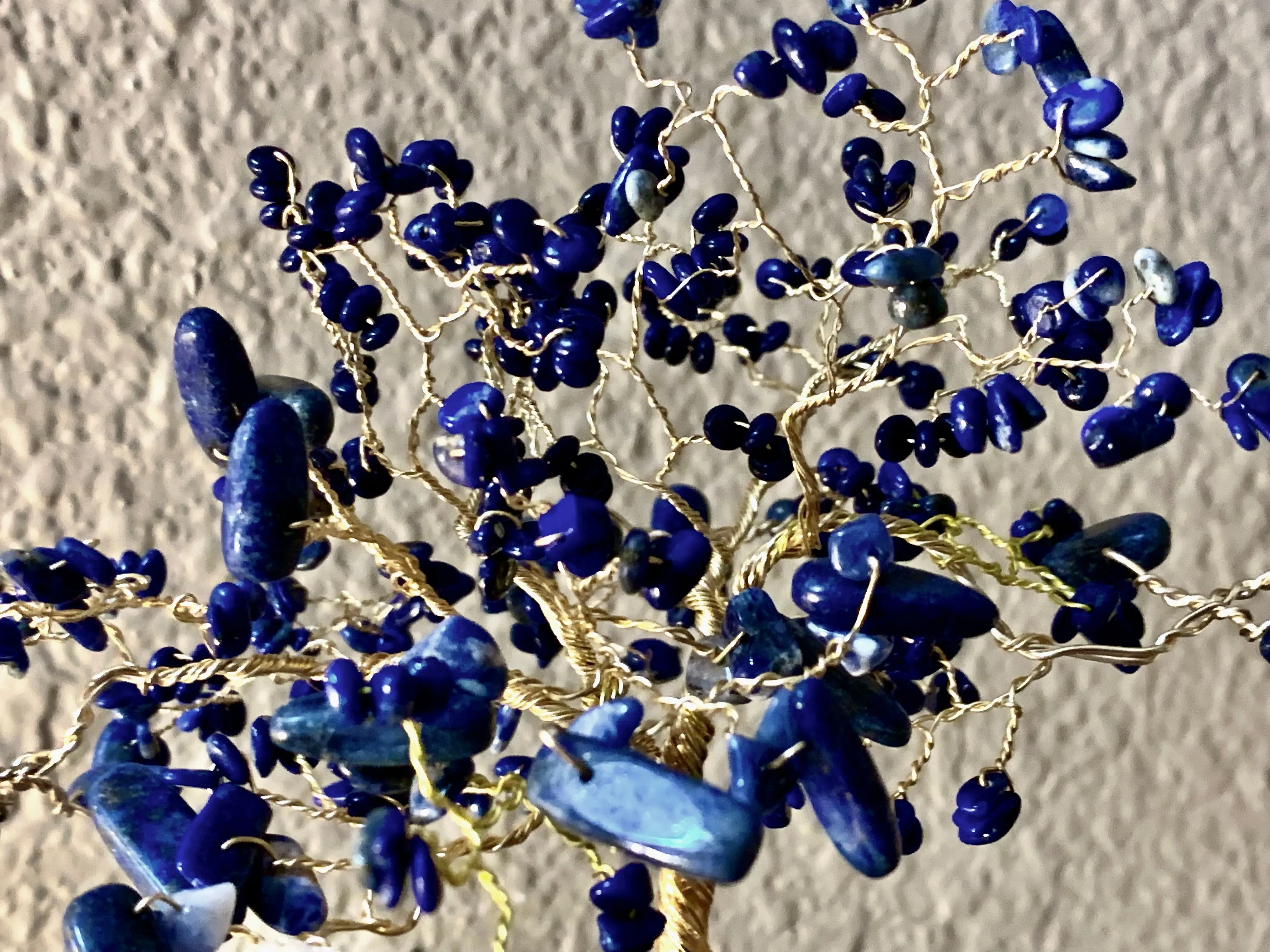 Handmade Lapis Lazuli and Sodalite 8" Gemstone Tree Sculpture in a Painted Glass Pot by Sharmaine Rayner