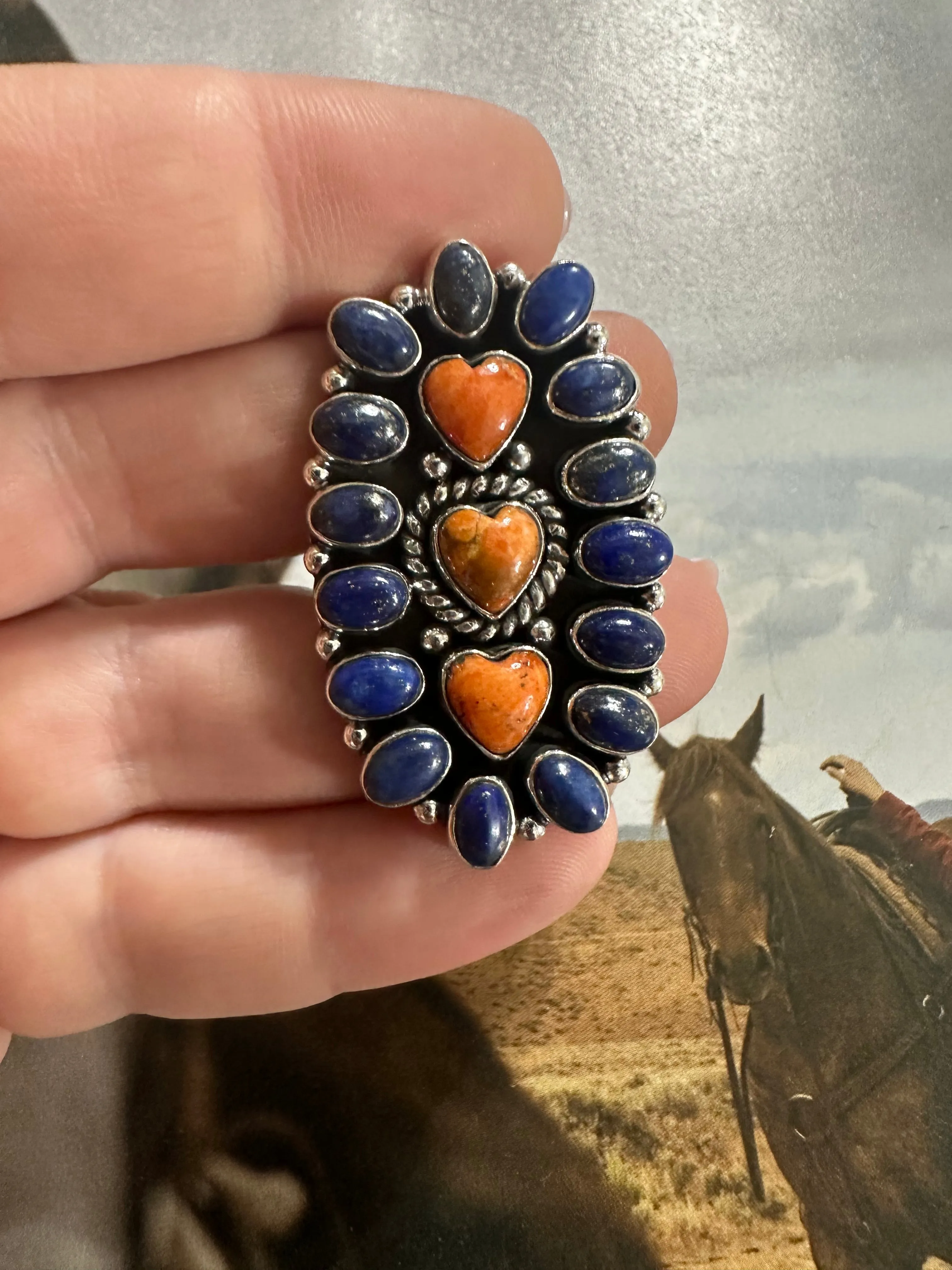 Handmade Orange Mojave, Lapis And Sterling Silver Adjustable Ring