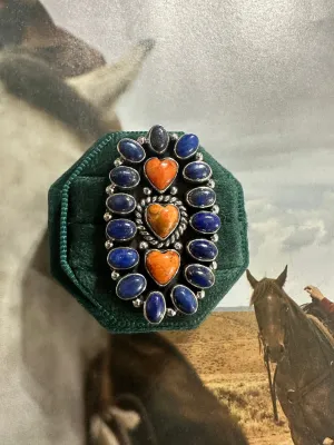 Handmade Orange Mojave, Lapis And Sterling Silver Adjustable Ring