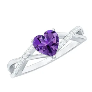 Heart Shape Amethyst Solitaire Crossover Ring with Diamond