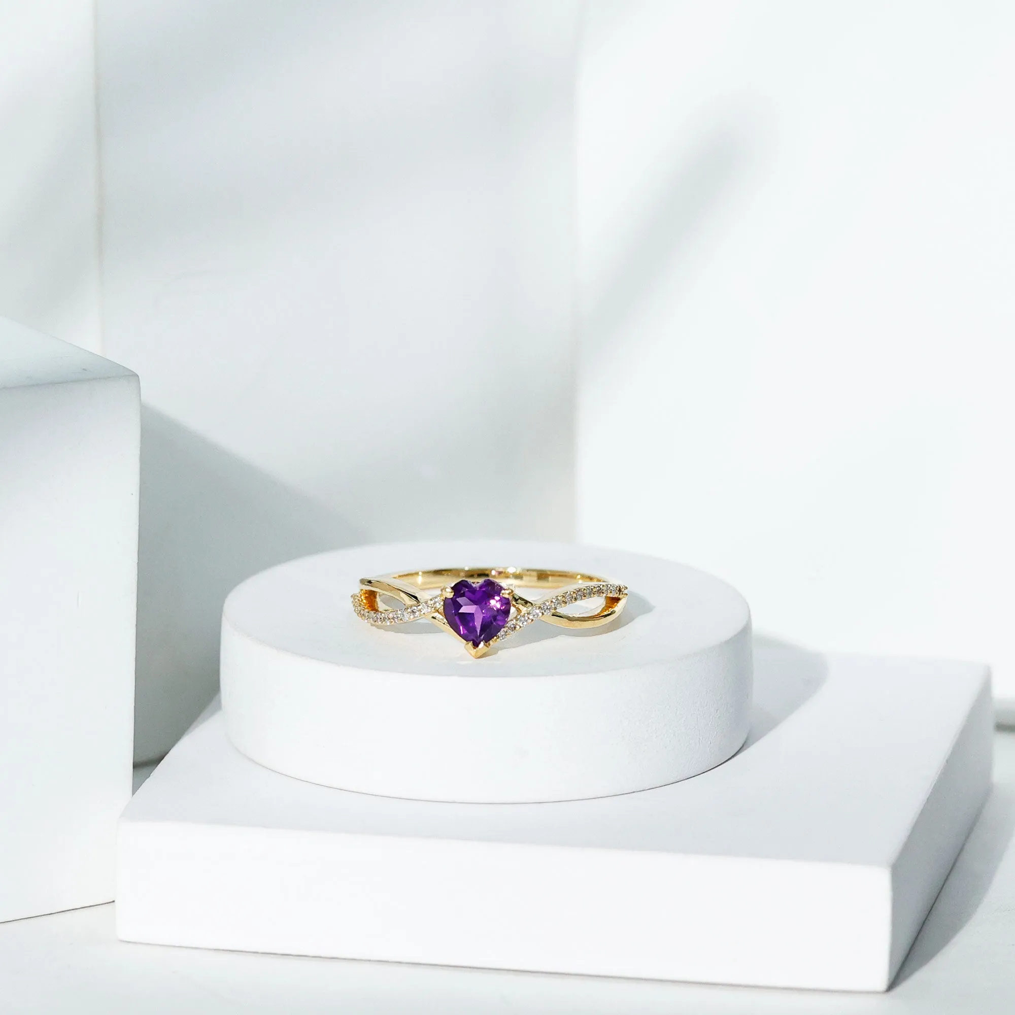 Heart Shape Amethyst Solitaire Crossover Ring with Diamond