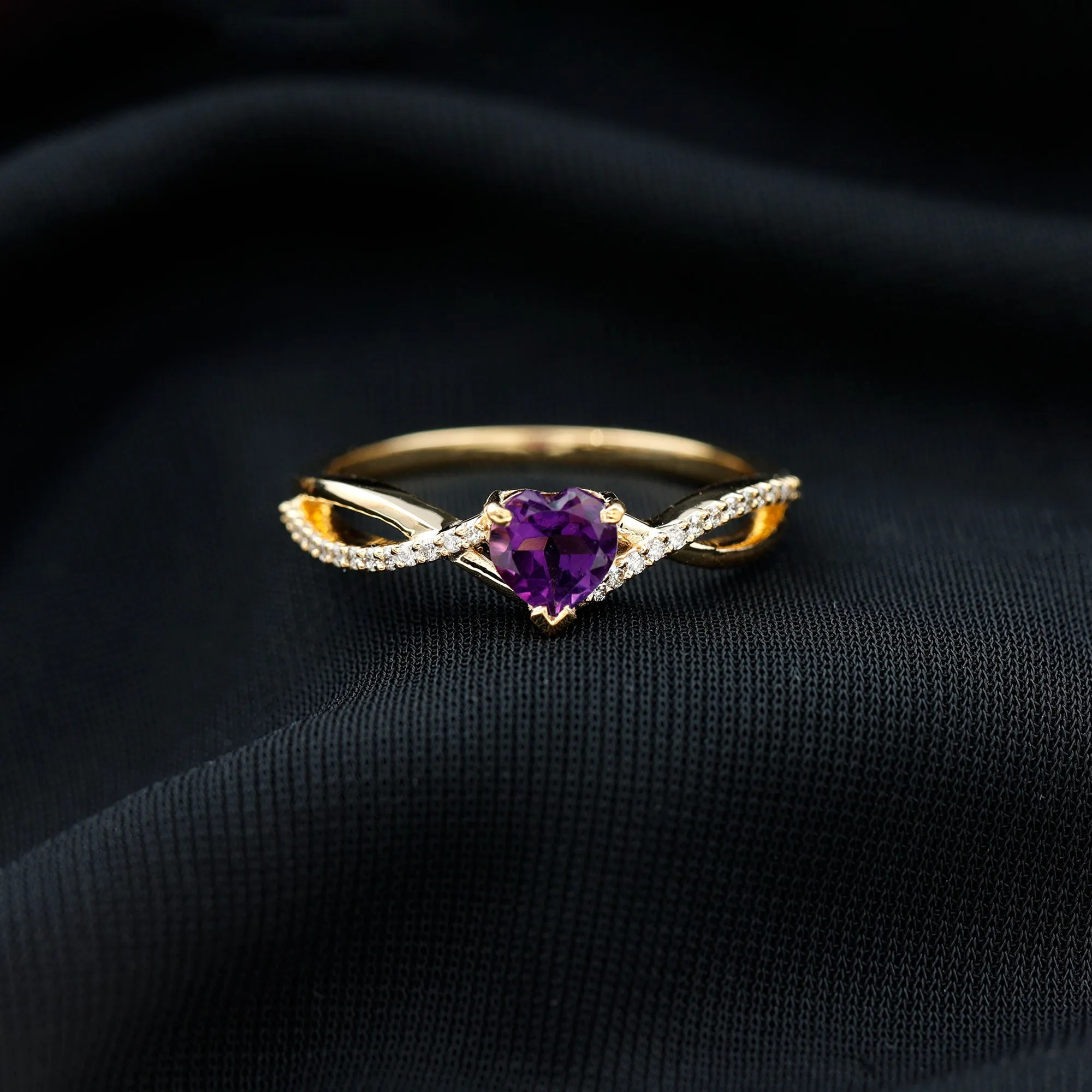 Heart Shape Amethyst Solitaire Crossover Ring with Diamond