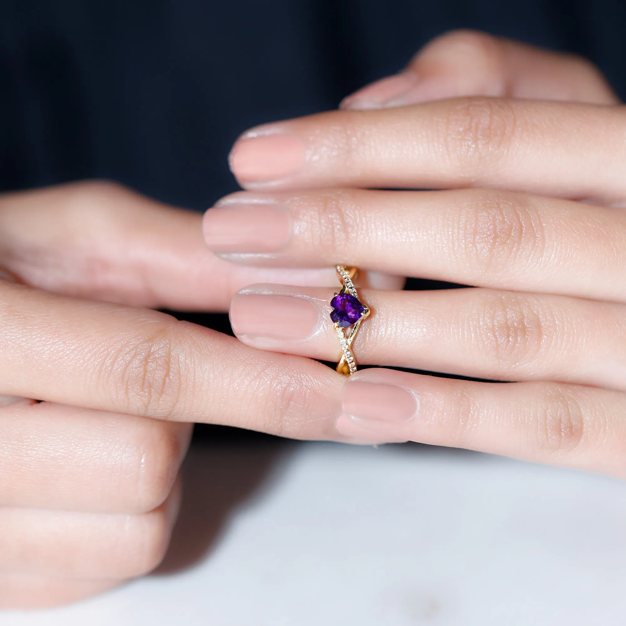 Heart Shape Amethyst Solitaire Crossover Ring with Diamond