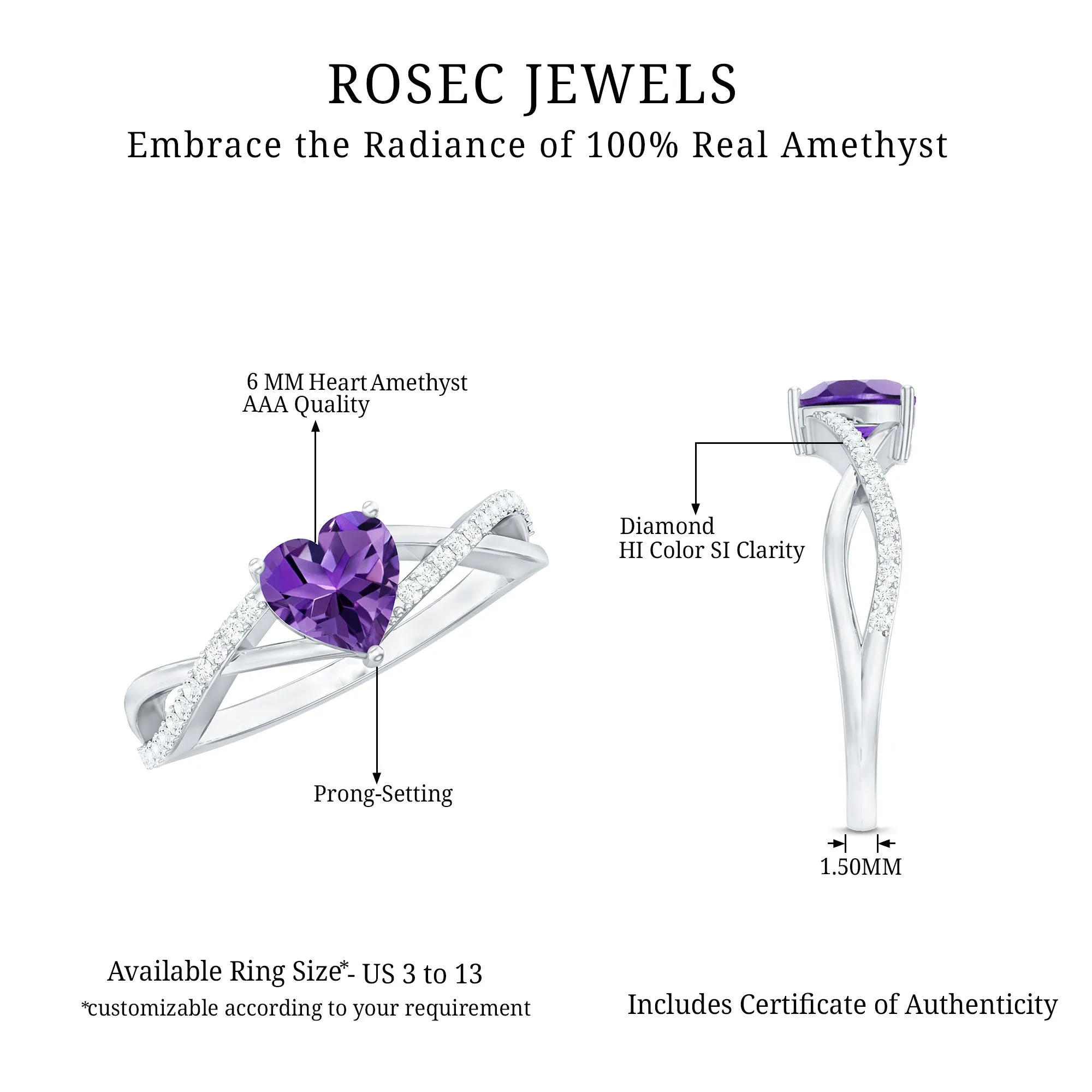 Heart Shape Amethyst Solitaire Crossover Ring with Diamond