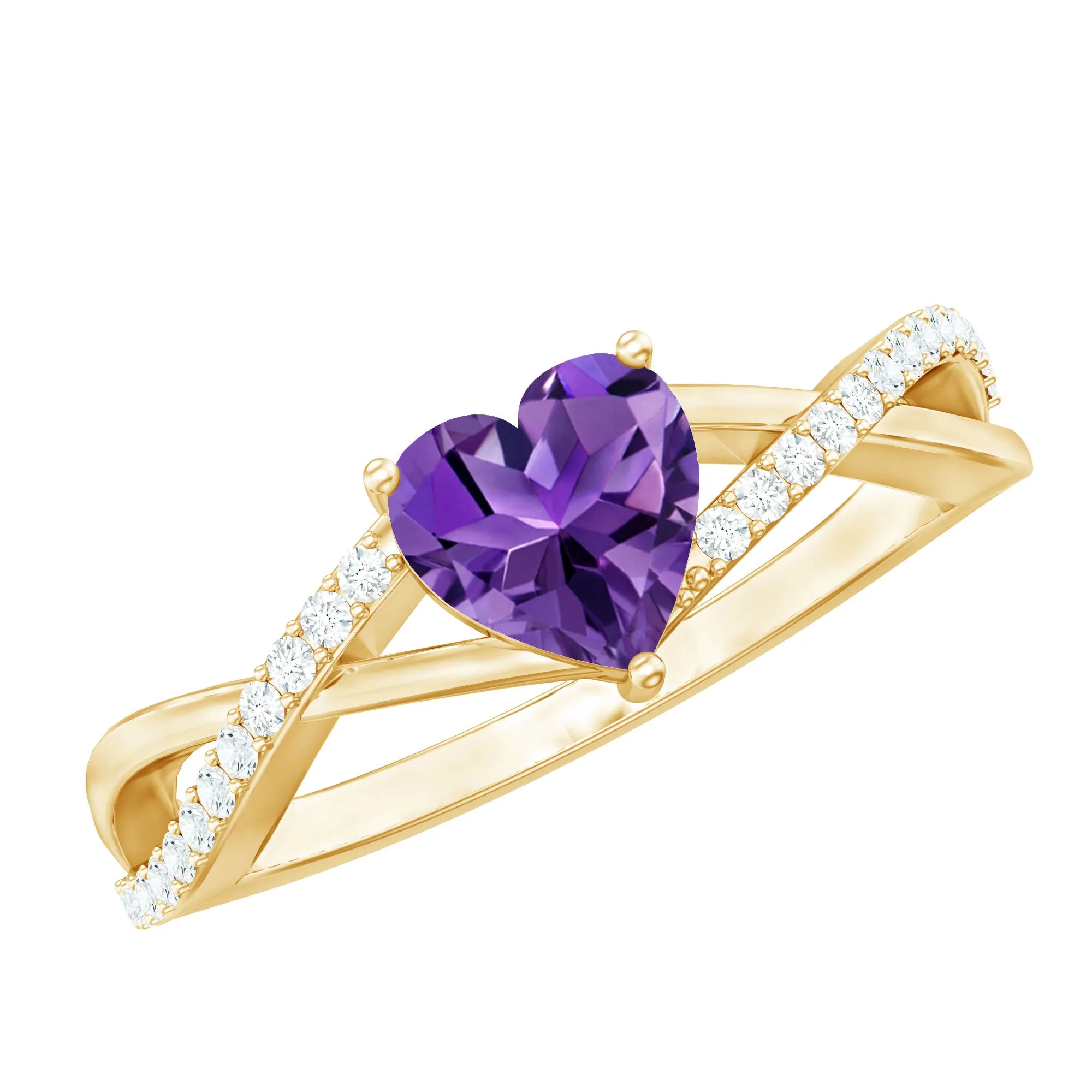 Heart Shape Amethyst Solitaire Crossover Ring with Diamond