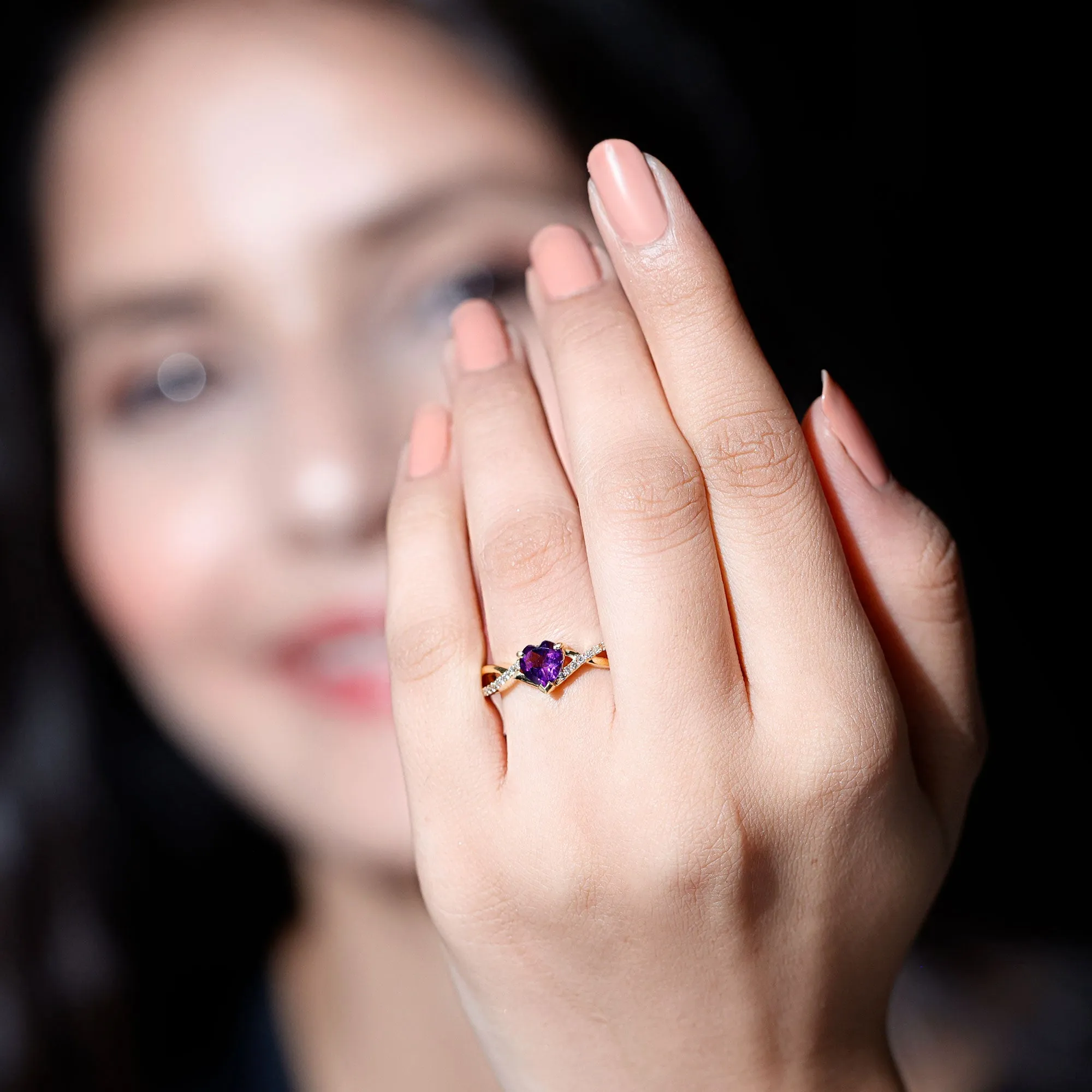 Heart Shape Amethyst Solitaire Crossover Ring with Diamond