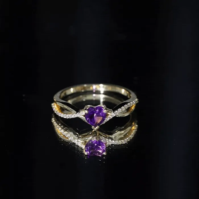 Heart Shape Amethyst Solitaire Crossover Ring with Diamond