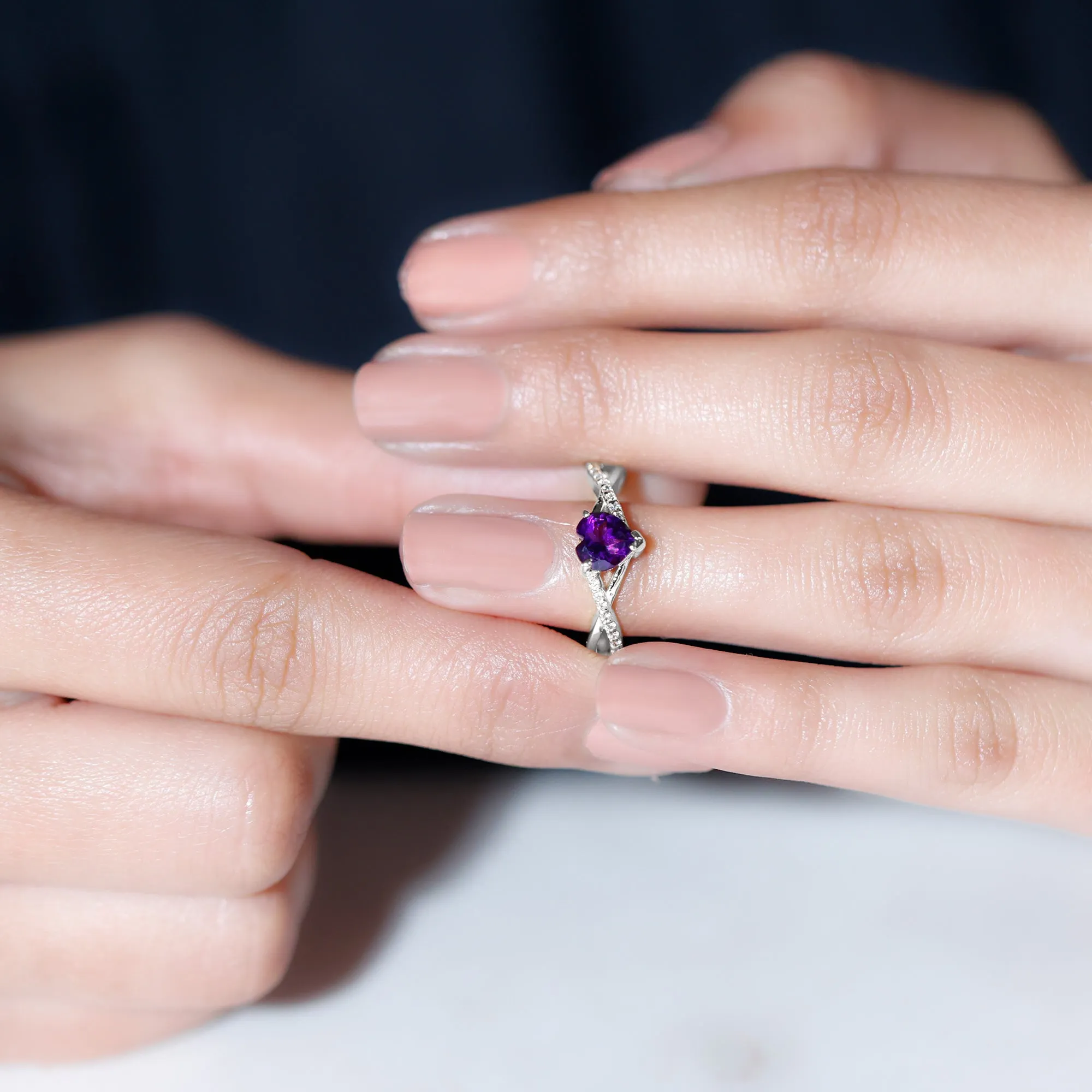 Heart Shape Amethyst Solitaire Crossover Ring with Diamond