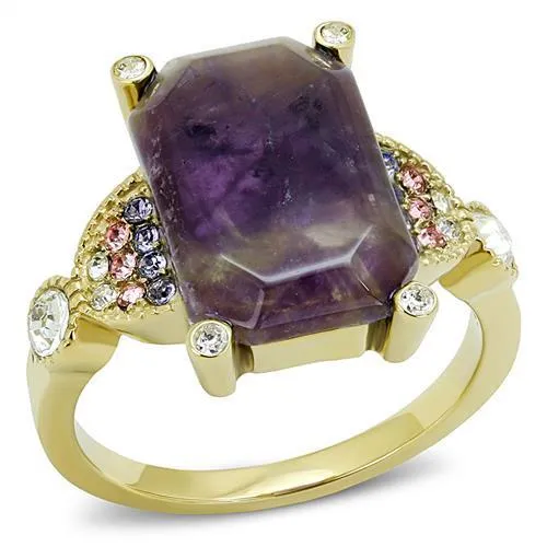 IP Gold(Ion Plating) Stainless Steel Ring with Semi-Precious Amethyst Crystal in Amethyst for Women Style TK3195