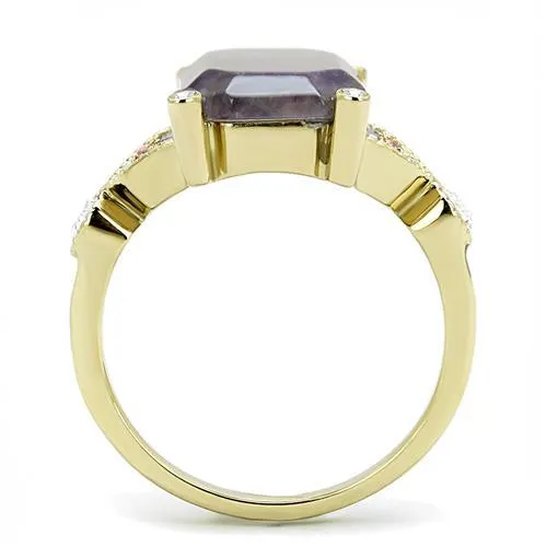 IP Gold(Ion Plating) Stainless Steel Ring with Semi-Precious Amethyst Crystal in Amethyst for Women Style TK3195