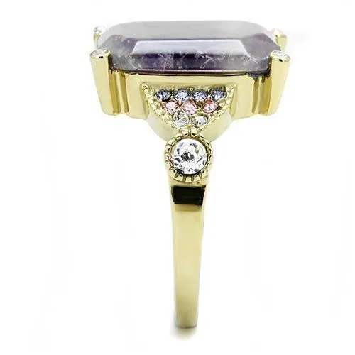 IP Gold(Ion Plating) Stainless Steel Ring with Semi-Precious Amethyst Crystal in Amethyst for Women Style TK3195