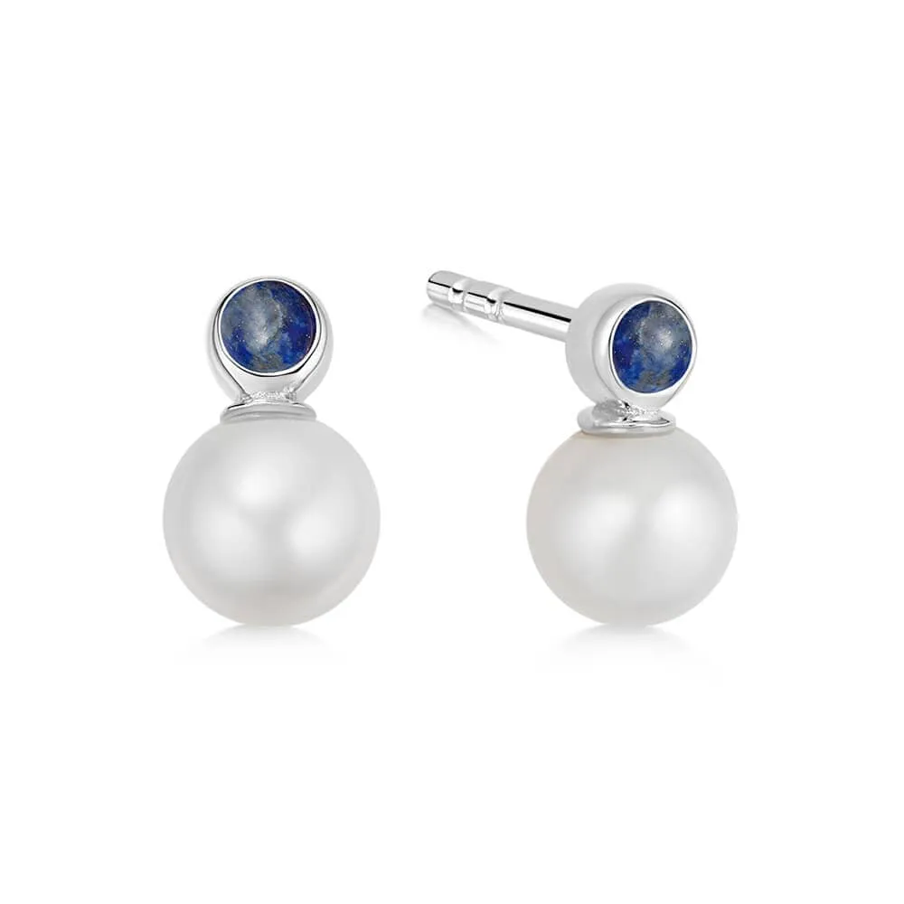 Lapis Pearl Stud Earrings Sterling Silver