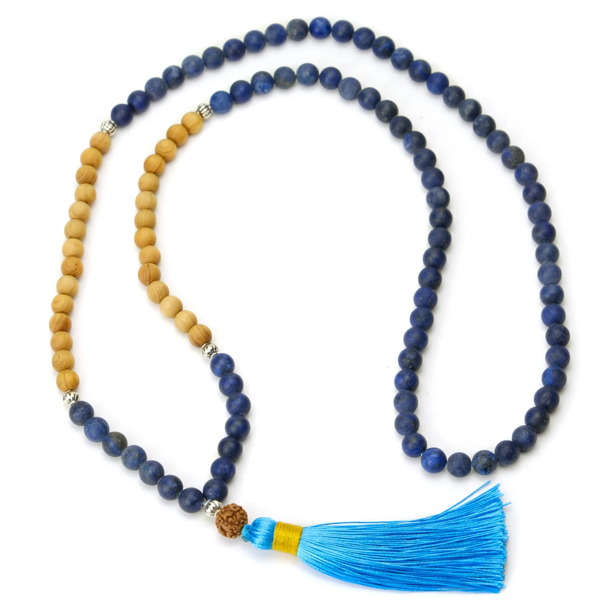 Matte Lapis and Sandalwood 8mm Knotted Mala with Silk Tassel #78