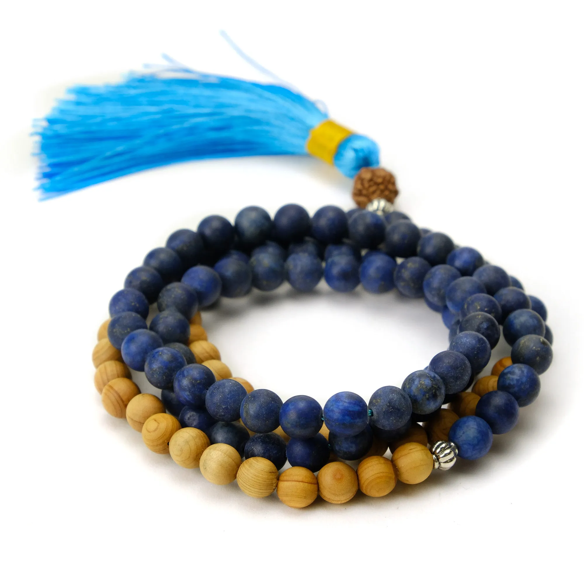 Matte Lapis and Sandalwood 8mm Knotted Mala with Silk Tassel #78