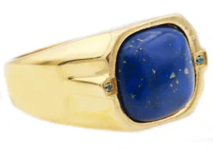 Mens Genuine Lapis Lazuli Gold Stainless Steel Ring With Blue Cubic Zirconia