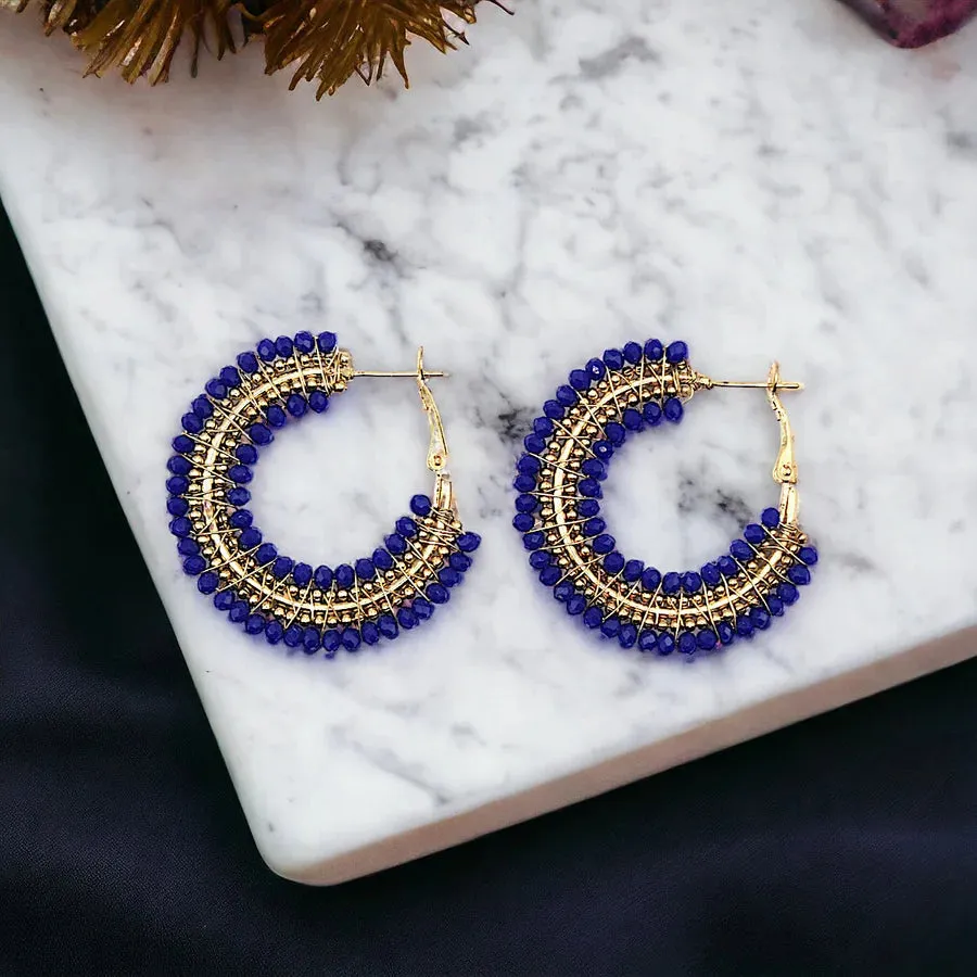 Mini  Beaded Ombre Hoop Earrings - Lapis Blue