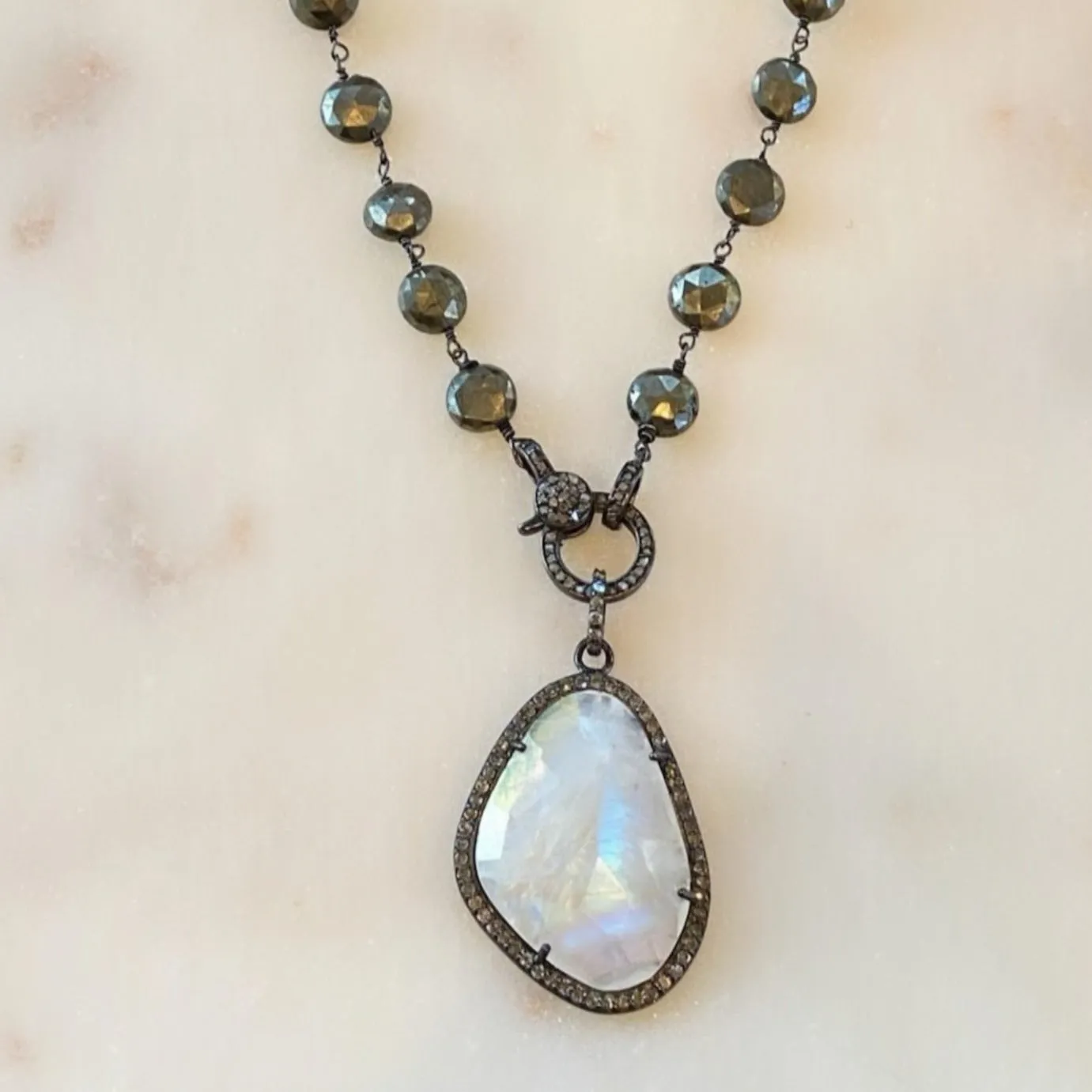 Moonstone, Chrysocolla, or Boulder Pendant on Diamond Pyrite Chain