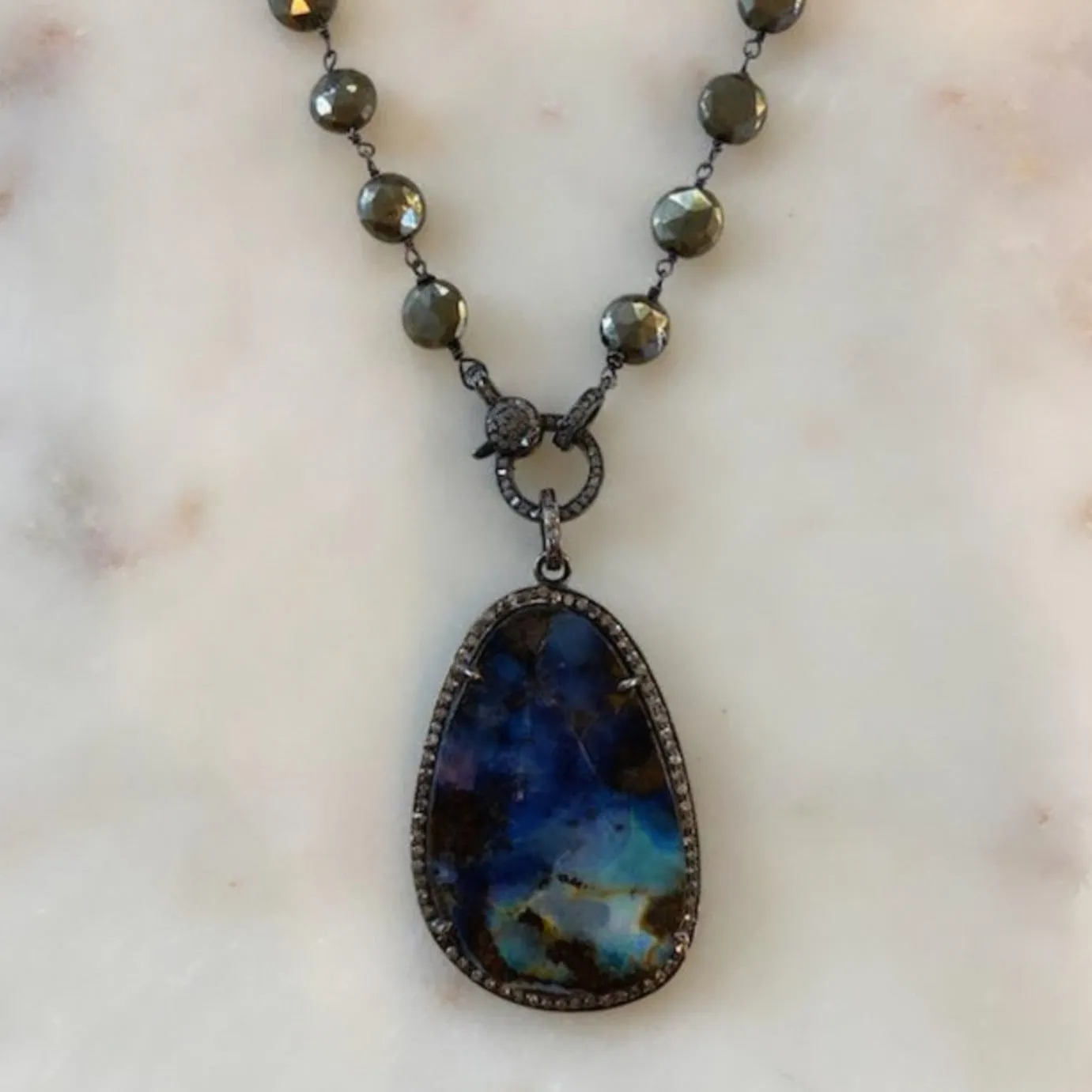 Moonstone, Chrysocolla, or Boulder Pendant on Diamond Pyrite Chain